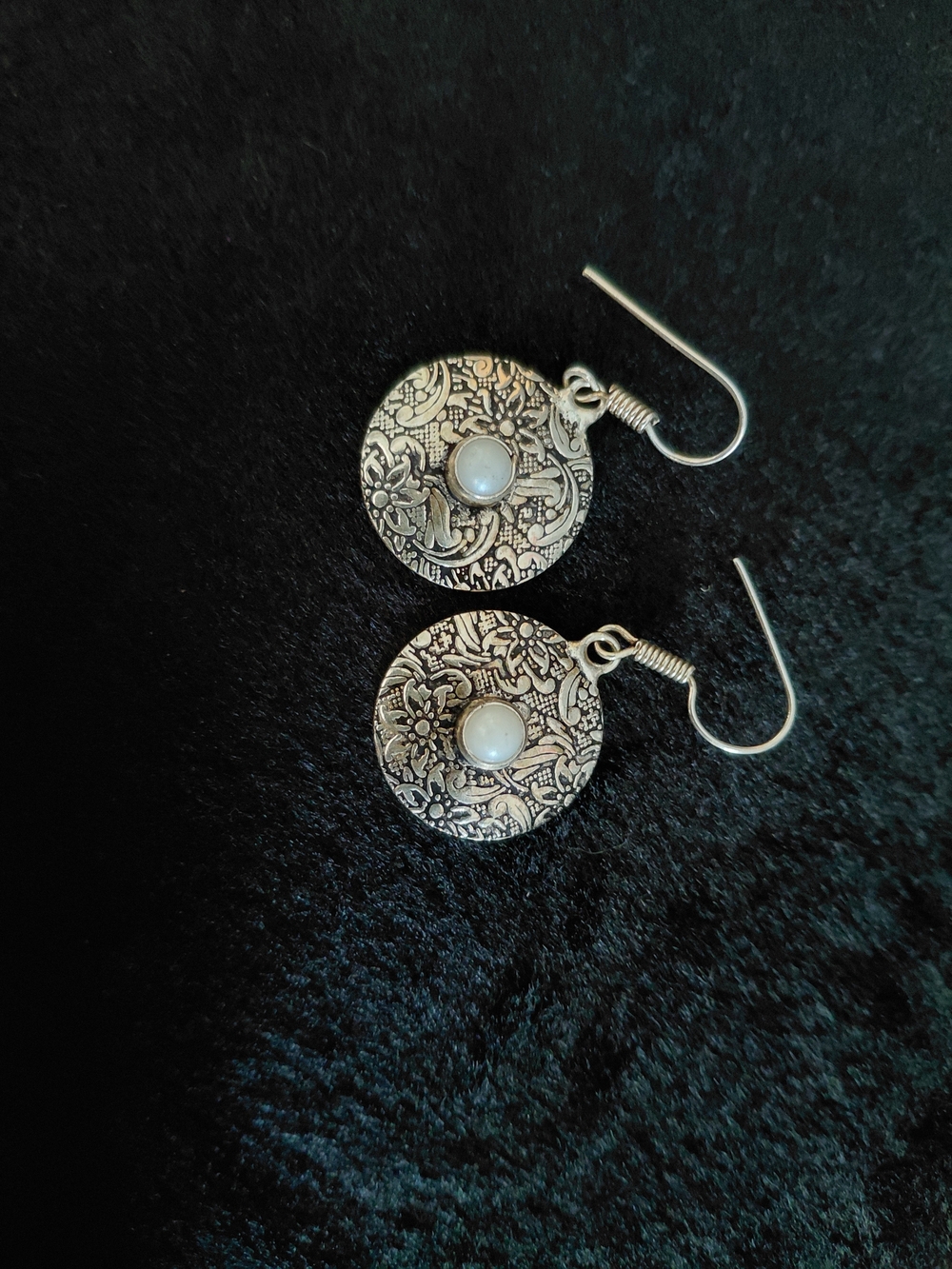 Silver Floral Disk Earrings with Faux Pearl Accent